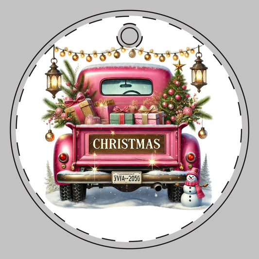 Customizable Pink Christmas Truck Ceramic Christmas Ornament