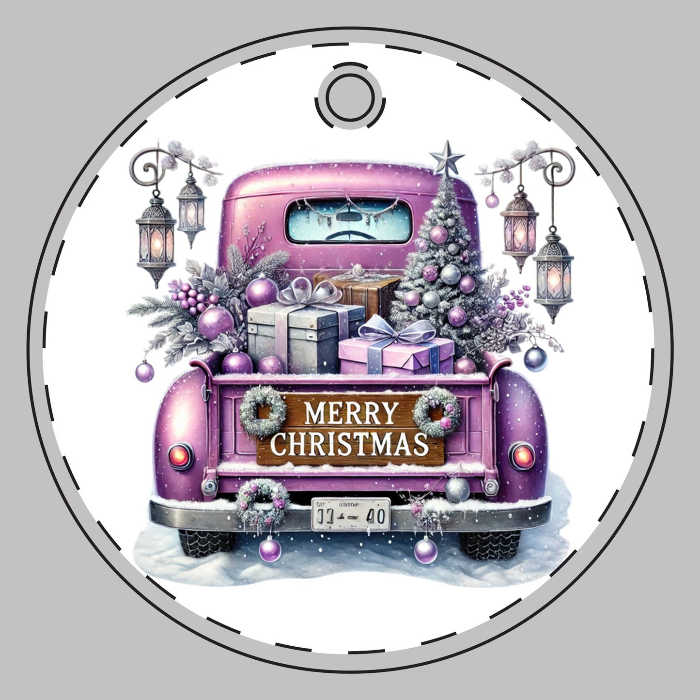 Customizable Purple Christmas Truck Ceramic Christmas Ornament