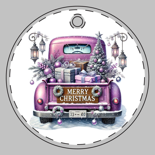 Customizable Purple Christmas Truck Ceramic Christmas Ornament