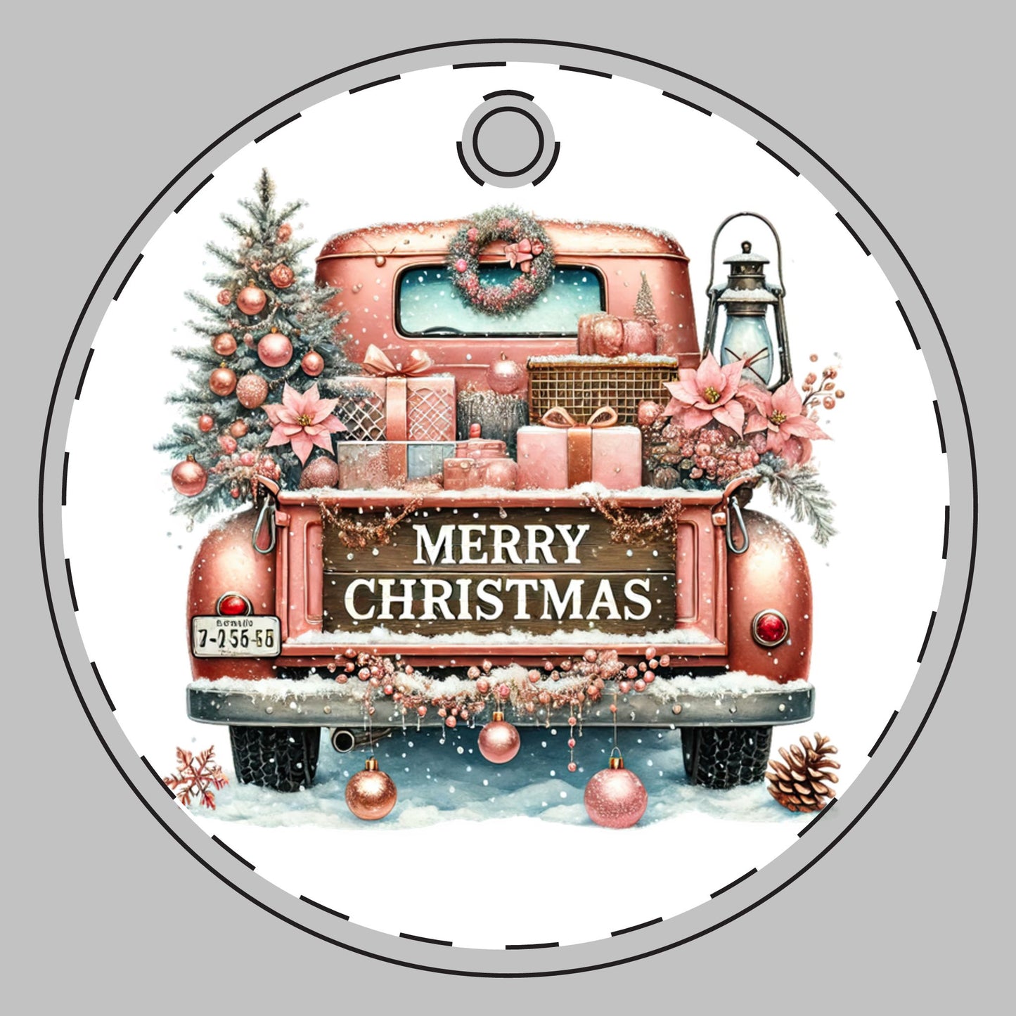 Customizable Peach Christmas Truck Ceramic Christmas Ornament