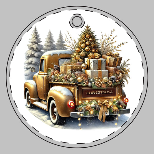 Customizable Gold Christmas Truck Ceramic Christmas Ornament