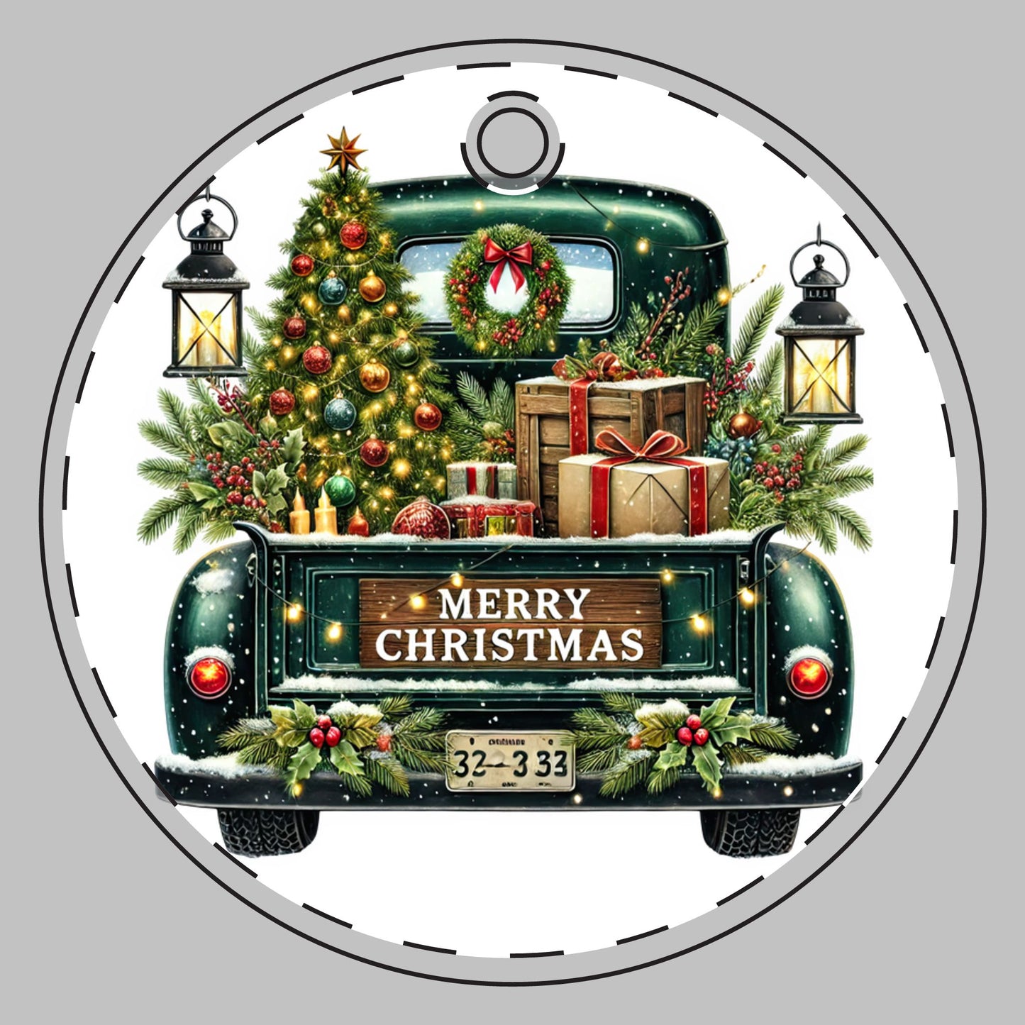 Customizable Green Christmas Truck Ceramic Christmas Ornament